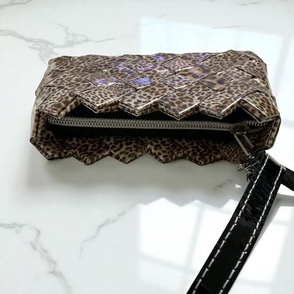 Nahui Ollin Wristlet Pouch Leopard Print Woven Recycled Candy Wrapper Coin Purse - Picture 8 of 9